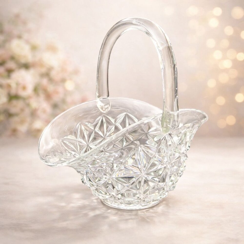 Vintage Mid Century Cut Glass Basket Starburst Pattern Clear Crystal Handled Can